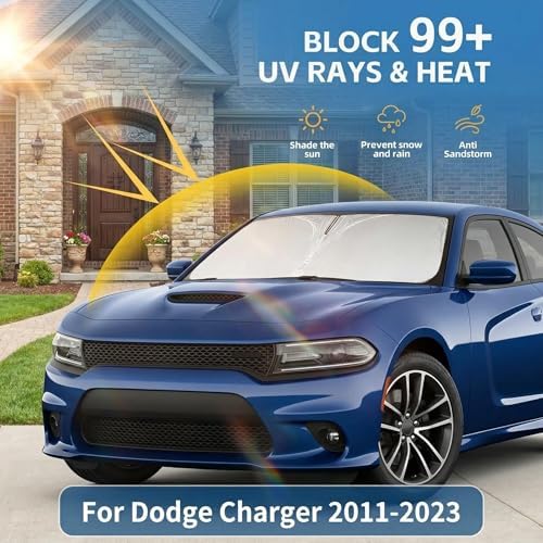 Windshield Sun Shade for Dodge Charger 2011-2023 Sunshade Front Window Shade Custom Fit Charger Accessories Sun Visor Foldable Shade Blocks UV Rays Accessories - Image 2