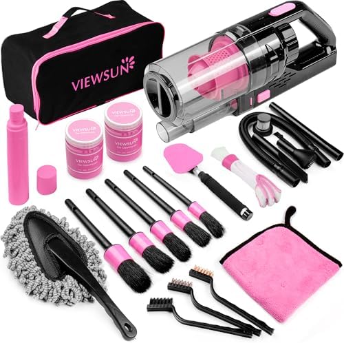 17pcs Car Cleaning Kit, Pink Car Interior Detailing Kit with High Power Handheld Vacuum, Detailing Brush Set, Windshield Cleaner, Cleaning Gel, Complete Auto Accessories for Women Gift by Viewsun