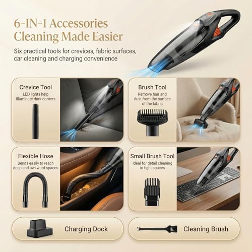 Handheld Vacuum Cordless, 25000Pa Powerful Suction Car Vacuum Portable Cordless with 8000mAh Battery & LED Light, Hand Held Vacuum Rechargeable with HEPA Filters, Home, Car Seats, Pet Hair Orange - Image 4