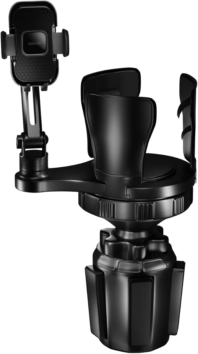 EXELIQ 2-in-1 Cup Holder Expander with Phone Mount, Adjustable Cup Holder | Fits Large Bottles, Tumblers & Fast Food Drinks, 360° Rotating Phone Mount for 4.7–7" Smartphones, Universal Car Use by EXELIQ