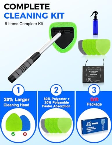 XINDELL Interior Windshield Cleaner Tool – Car Interior Window Cleaning Kit with Extendable Handle & 4 Microfiber Pads, Auto Wiper Inside Compact Windshield Brush for Car & Home Windows - Image 2