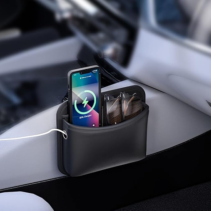 Car Seat Side Pocket Organizer - PU Leather Auto Door Console Mini Storage Bag for Keys, Phone, Sunglasses, Registration, and Documents (Black) by Cartisen