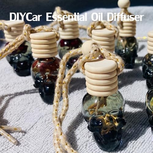 7 Pcs 8ml Hanging Car Air Freshener Diffuser,Empty Black Gradient Glass Essential Diffuser Oil Aromatherapy Fragrance Perfume Pendant Glass Vials with Wooden Caps (Skull, 8ml) - Image 6