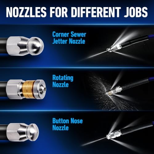 Sewer Jetter Kit for Pressure Washer 50 FT, Drain Cleaner Hose with Power Washer Gun, 1/4 Inch NPT Corner, Rotating and Button Nose Sewer Jetting Nozzle,Waterproof Tape, Pearl Corsage Pin, Spanner - Image 5
