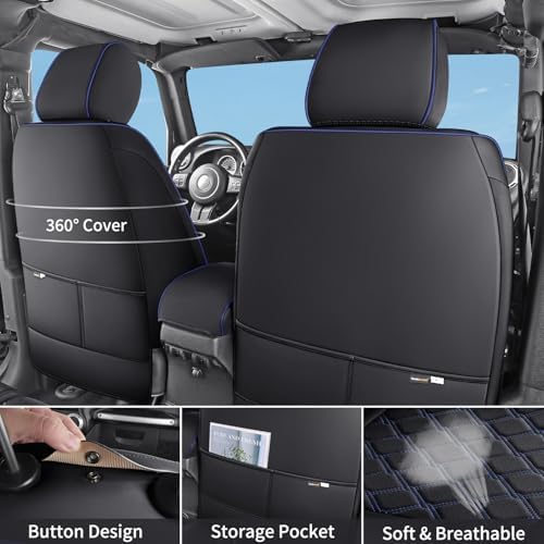 Huidasource 2018-2026 Wrangler JL Seat Covers 4 Door, Waterproof Leather Seat Covers Full Set for Jeep JL with Rear Cupholder, Custom Fit for Wrangler JL Sahara Rubicon 392 (Full Set/Black&Blue) - Image 3