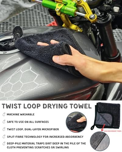 oesee 8 Pack Motorcycle Cleaning Kit - Professional Safe for Chrome/Engine/Tires, Hard Reach Brush, Microfiber Mitt, Detailing Tools, Drying Towel & Wax Applicators - Image 5