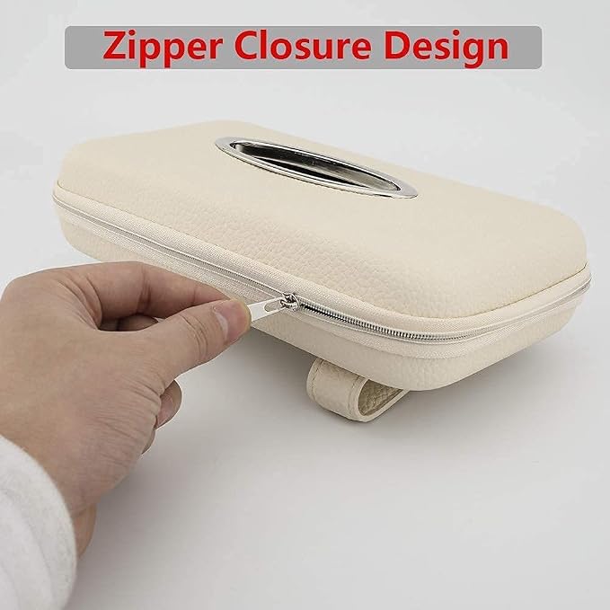 Car Tissue Holder, Sun Visor Tissue Holder, Zipper Car Visor Napkin Holder, PU Leather Backseat Tissue Case for Car,Vehicle (Beige) - Image 4