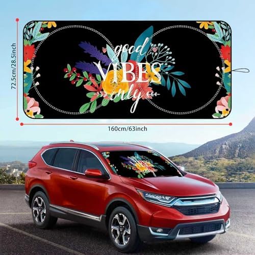 Windshield Sun Shade for Car, 63"x28.5" Universal Fit Front Window Sunshade with Double Steel Ring Frame, Car Sun Shade, UV Protection Windshield Cover with Storage Pouch (Good Vibes) - Image 7