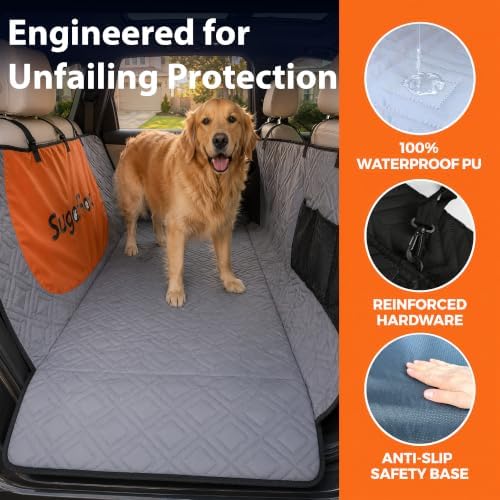 SugarFox Dog Car Seat Cover for Back Seat - Upgraded PU Leather Dog Hammock, 400lbs Hard Bottom Backseat Pet Cover, Waterproof Anti-Scratch + Pet Safety Belt (BLACK-60“x20”) - Image 3