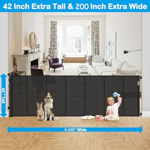 Reinforced 42" Extra Tall Retractable Dog Gate, 200" Extra Wide Baby Gate with Support Rods-Prevent Crawling Through, Outdoor/Indoor Baby Fence/Barrier/Blocker for Home, 16ft Retractable Garage Gate - Image 3