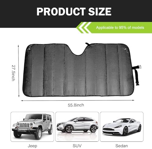 Car Window Shades, Front Window Sunshade Cover, Keep Vehicle Cool, Foldable Blocks Car Accessories (Black, 57x27In) - Image 2