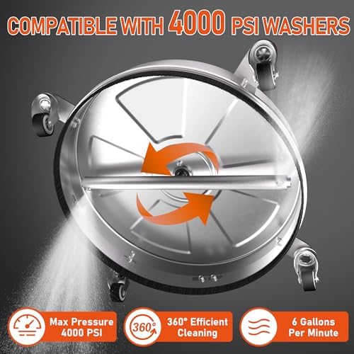 18" Pressure Washer Surface Cleaner with 4 Wheels, 4000 PSI Max Stainless Steel Surface Cleaner for Pressure Washer, 2 Extension Wands, 1/4" Quick Plug, for Concrete, Patio, Sidewalk, Deck - Image 4