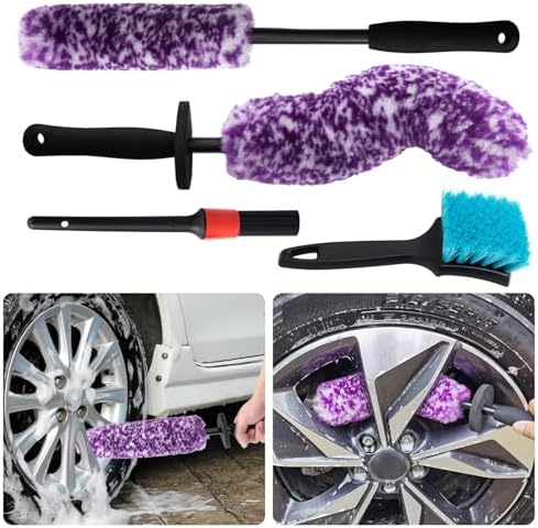4 Pack Wheel Tire Cleaning Brush Kit Cars Motorcycles RVs Trucks Rim Hub Ultra Soft Microfiber No Spatter 360 Bendable Synthetic Woolies Wash Vehicles Bristle Set by Unknown