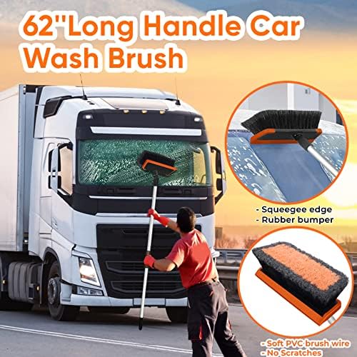 Wontolf 62'' Car Wash Brush with Long Handle, Scratch-Free Soft Bristles Sturdy Car Wash Mop, Complete Cleaning Brush Kit Wash Mitt Towel Windshield Squeegee Wheel Tire Brush for Car Truck RV Orange - Image 3