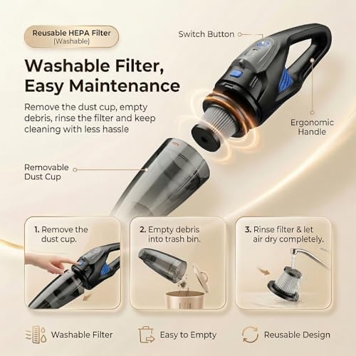 Handheld Vacuum Cordless, 25000Pa Powerful Suction Car Vacuum Portable Cordless with 8000mAh Battery & LED Light, Hand Held Vacuum Rechargeable with HEPA Filters, Home, Car Seats, Pet Hair Blue - Image 5