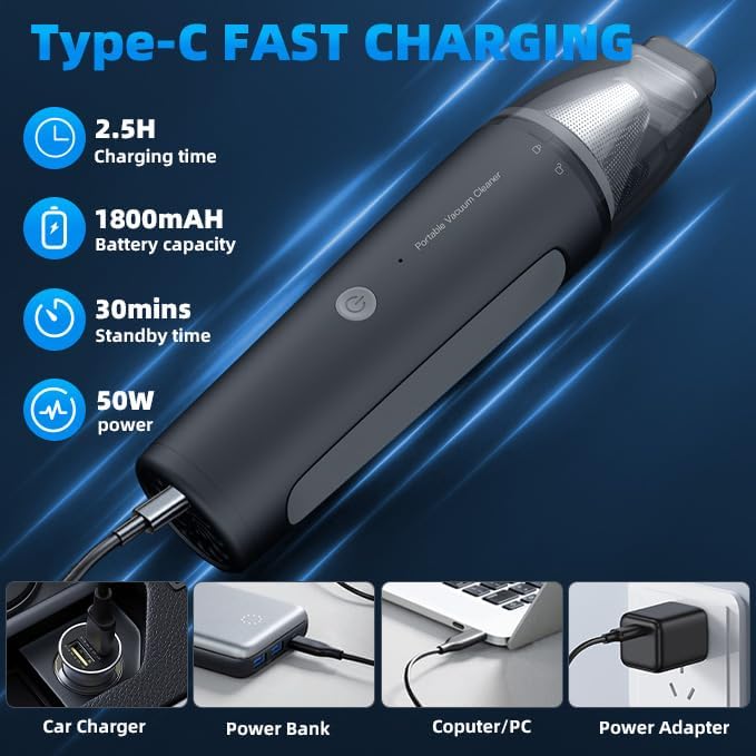 PATO Cordless Handheld Vacuum Cleaner, Mini Car Vacuum with PowerfulSuction, 1800mAh high-CapacitybatteryPortable Dust Collector Pearl White - Image 4