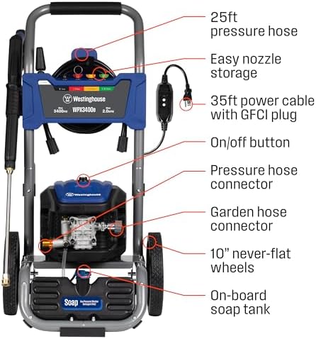 Westinghouse WPX3400e Electric Pressure Washer, 3400 Max PSI and 2.0 Max GPM, Brushless Motor, Onboard Soap Tank, Spray Gun and Wand, 5 Nozzle Set, for Cars/Fences/Driveways/Homes/Patios/Furniture - Image 4