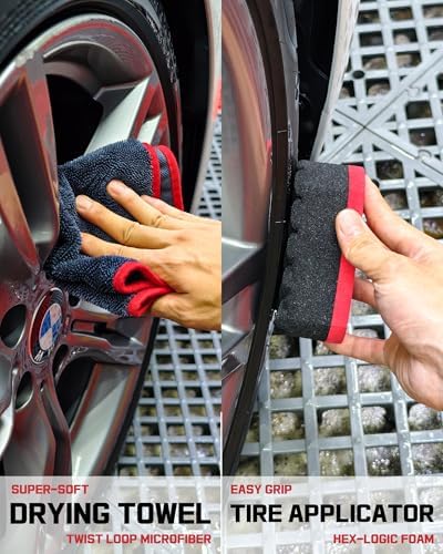 oesee 8PCS Wheel Cleaning Kit with Microfiber Brush & Rubber Grip Tire Brush, Twist Loop Drying Towel, Detailing Brush, Applicator for Car Rim and Tire Care - Image 6