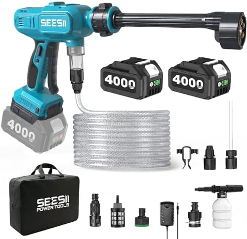 SEESII Cordless Car Washer, Dual 4000mAh Batteries Portable Washer with 6-in-1 Nozzle & Foam Cannon for Car, Home, Garden, Patio and Fence Cleaning by SEESII