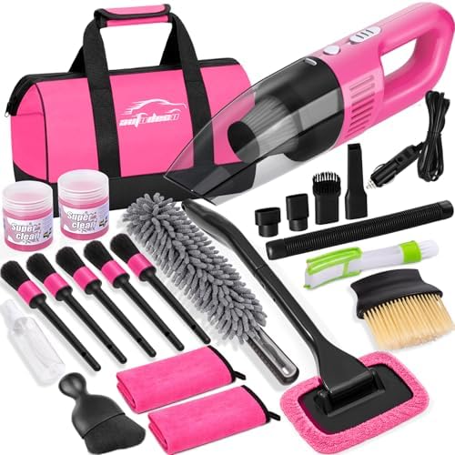 Car Cleaning Kit, Car Vacuum Interior Detailing Cleaner Kit with High Power Handheld Vacuum, Brush Set, Windshield Tool, Duster, Towels, Complete Car Care Tools for Women (Pink) by AUTODECO