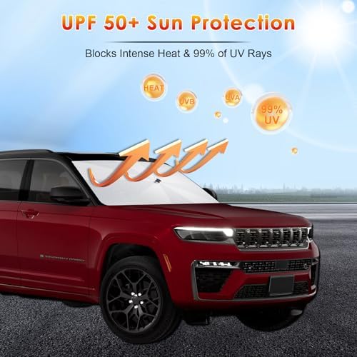 Windshield Sunshade Umbrella for 2022-2026 Jeep Grand Cherokee Custom Fit Windshield Sun Protector Cover 6-Layer Heat-Resistant Fabric Ultra-Strong Fiberglass Frame (for 2022-2026 Grand Cherokee) - Image 3