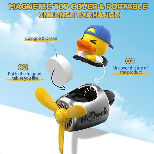 Car Air Freshener Yellow Duck Pilot Car Diffuser Rotating Propeller Automotive Auto Vehicle Air Outlet Fan Creative Car Perfume Fragrance Decoration Comes with 4 Fragrant Tablets - Image 2