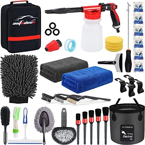 35Pcs Car Wash Detailing Kit Cleaning Kits with Foam Gun Sprayer Collapsible Bucket Brush Large Wash Mitt Towels Complete Interior Exterior Car Washing Supply Set Black by AUTODECO