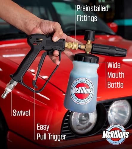 McKillans Pressure Washer Gun with Swivel & Foam Cannon Wide Mouth & M22-14mm Adapter - Adjustable Thick Foam - Power Washer Gun - 3/8" Male Plug & 1/4” Quick Connector Coupler - Image 5