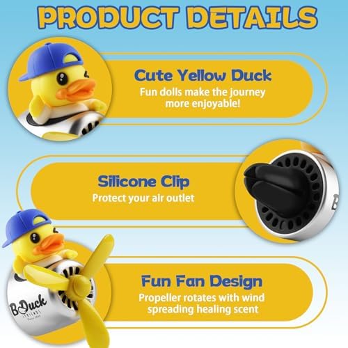 Car Air Freshener Yellow Duck Pilot Car Diffuser Rotating Propeller Automotive Auto Vehicle Air Outlet Fan Creative Car Perfume Fragrance Decoration Comes with 4 Fragrant Tablets - Image 3