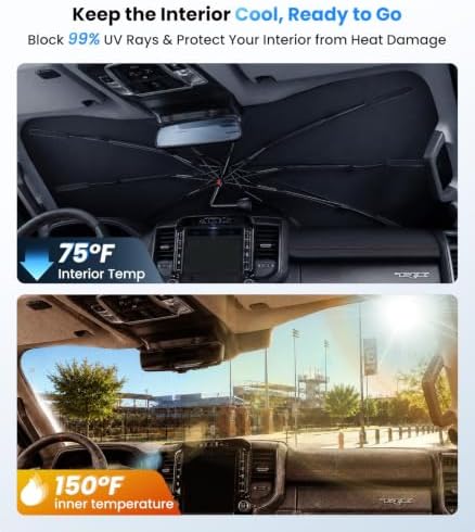 Zanch 2026 Upgraded Windshield Sun Shade Umbrella: Custom Fit for Dodge RAM 1500 2500 3500 2019-2026 Front Window Sunshade, Block UV Rays & Keep Car Cool, 1:1 Scan for RAM 1500, No Gaps & No Scratches - Image 3