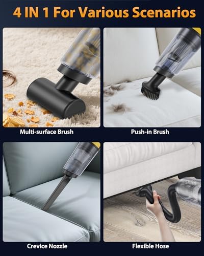 Handheld Vacuum Cordless 1.1 Pounds Car Vac 10000PA Hand Held Vacuums 4-in-1 Hand Vac Cordless Rechargeable HEPA Filter Large Capacity Dust Cup for Car Office Home Pets Hair (Yellow) - Image 3