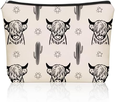 Western Highland Cow Themed Makeup Bag For Women & Teen Girls Travel Gifts | Small Cowgirl Cosmetic Bag & Toiletry Organizer Pouch, Aesthetic Cowgirl Print Stuff & Purses Christmas Birthday Gift for Her by Girllyempoweringeverywomen