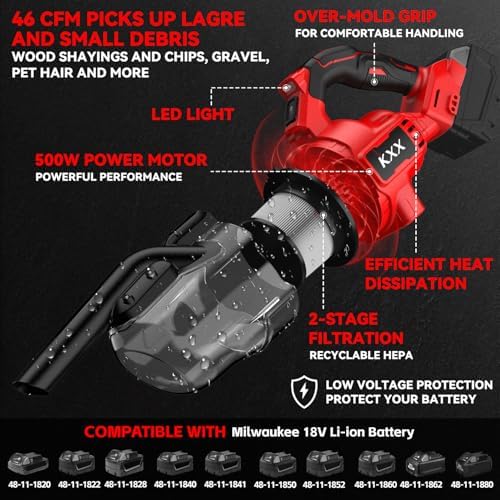 KXX Cordless Vacuum for Milwaukee M18 Battery, 5 in 1 Handheld Electric Vacuum Cleaner with 500W Powerful Motor, 46 CFM Portable Hand Vacuum with Filtration HEPA for Floor, Carpet, Car (Tool Only) - Image 3