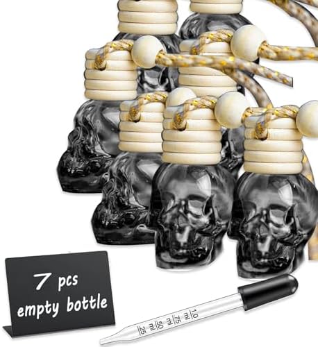 7 Pcs 8ml Hanging Car Air Freshener Diffuser,Empty Black Gradient Glass Essential Diffuser Oil Aromatherapy Fragrance Perfume Pendant Glass Vials with Wooden Caps (Skull, 8ml) by MINELEVEN