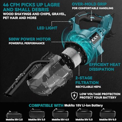 Cordless Vacuum for Makita Battery, 5 in 1 Handheld Electric Vacuum Cleaner with 500W Powerful Motor, 46 CFM Portable Hand Vacuum with Filtration HEPA for Floor, Carpet, Car (Battery Not Included) - Image 3