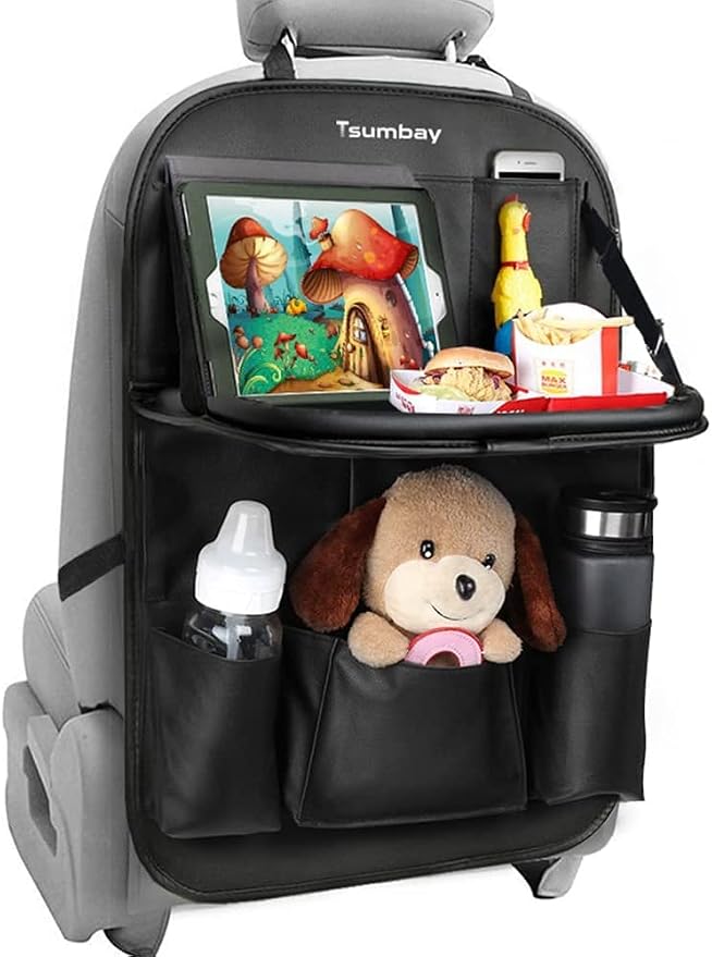 Tsumbay Car Backseat Organizer with Tablet Holder,9 Storage Pockets Foldable Table Tray Seat Back Protectors Kick Mats -PU Leather 1Pck by Tsumbay