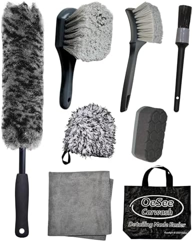 oesee 8PCS Pro Wheel Cleaning Kit - Synthetic Wool Brushes, Detailing Brush, Tire Brush, Wash Mitt, Drying Towel & Carry on Bag - Scratch-Free Rim Cleaning Kit by OeSee