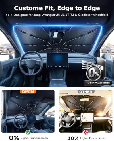 DMJN Umbrella Windshield Sun Shade for Jeep Wrangler JL JK JT TJ (2011-2026), Car Sunshade for Front Windshield [Nano Ice-Crystal Coatings] UPF50+ Heat & UV Block, Protect Interior & Keep Cooler - Image 4