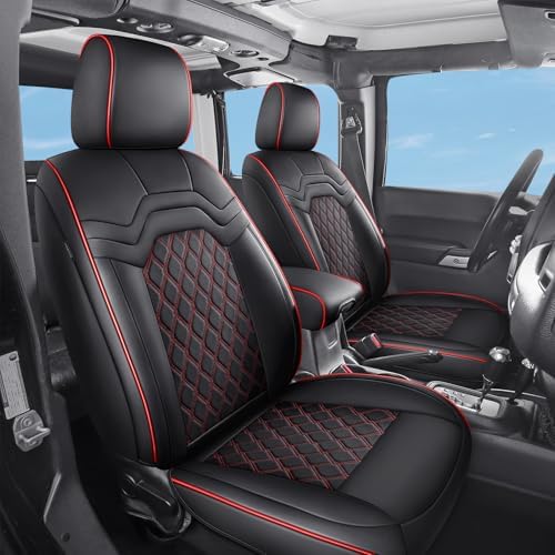 Huidasource Front Seat Covers for Jeep Wrangler JK 2007-2017, Waterproof Leather 2Pcs Front Seat Protector for Wrangler JK 2 Door/4 Door Sport Rubicon Sahara (Front Pair/Black&Red) by Huidasource