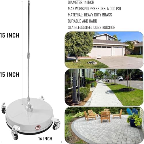 Hourleey 16" Pressure Washer Surface Cleaner, Stainless Steel Surface Cleaner with 4 Wheels for Concrete, Patio, Sidewalk, Deck, Pathway 1/4" Quick Connector, 2 Extension Wand, 4000 PSI - Image 2