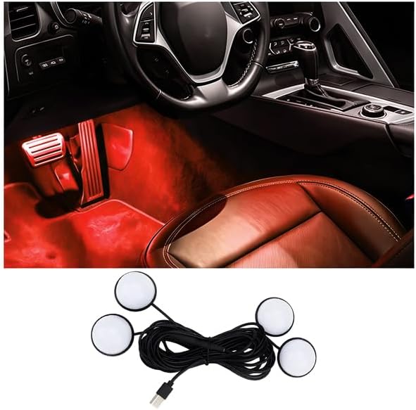 Car Interior LED Light, 4-in-1 USB Port Vehicle Under Dash Ambient Neon Lighting Decoration, Automotive Inside Foot Well Atmosphere Lamp, Universal Fit (Red) by BCOWPV