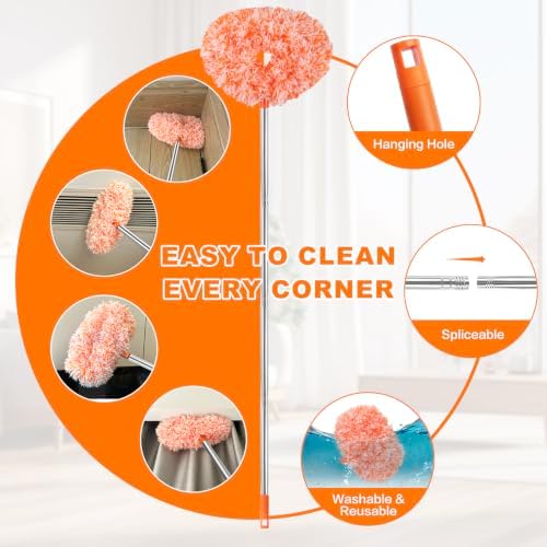 Ceiling Fan Cleaner Duster Reusable Microfiber Ceiling Fan Blade Cleaner Removable Duster with Extension Pole Adjusts 13 to 49.7 Inch for Cleaning Walls Furniture Door Window Top (Orange White) - Image 3