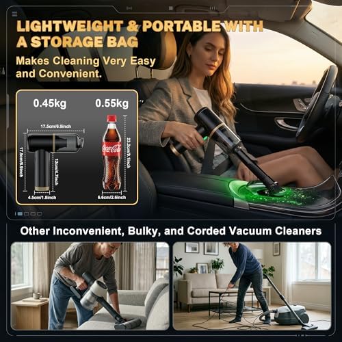 LAZYROSY 30000PA Handheld Vacuum Cleaner Suction with Brushless Motor, 6-in-1 Portable Mini Vacuum with 3 Suction Modes, Cordless Vacuum with LED Light, Type-C Charge for Car, Office Desk, Keyboards - Image 4
