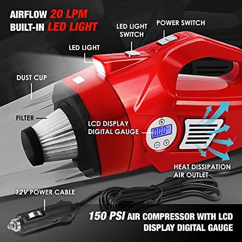 DNA MOTORING TOOLS-00182 Portable Handheld High Power Mini Corded 2 in 1 Vacuum Cleaner, Air Compressor w/Digital Tire Pressure Gauge & LED Light, Car Cleaning Kit,Red - Image 4