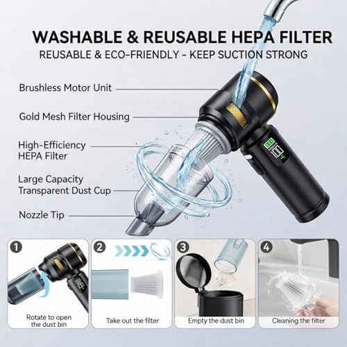 Handheld Car Vacuum Cleaner, 17000Pa High Power Cordless Vacuum Cleaner, 4-in-1 Portable Mini Air Duster, with LED Light and Multi-Nozzles, Vacuum for Car, Home, Office, Pet Hair - Image 6