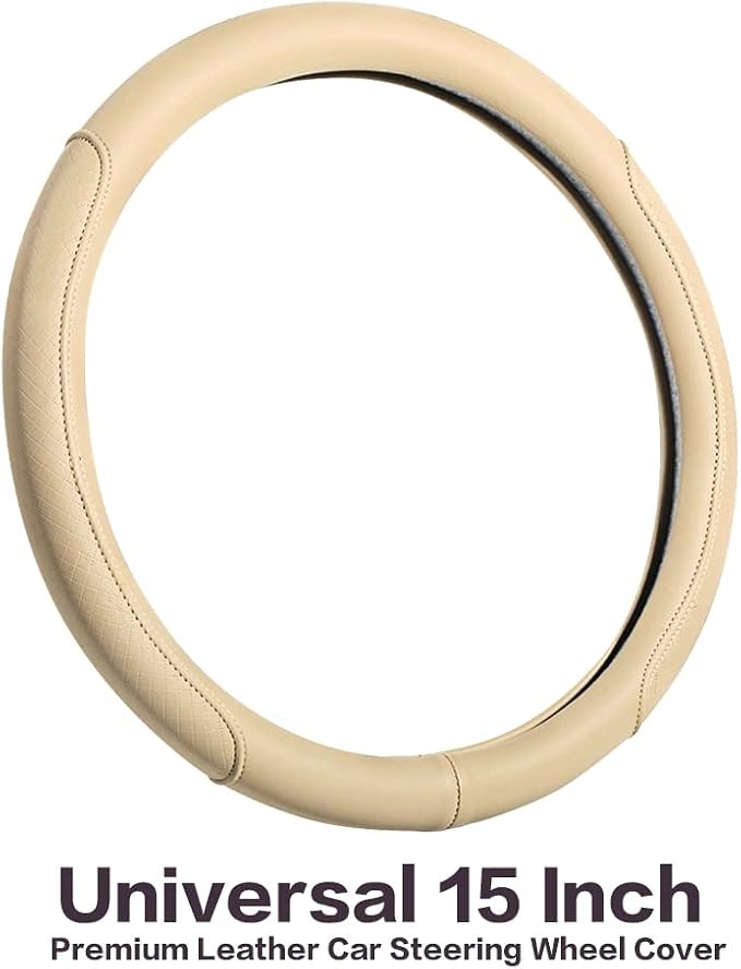 Microfiber Leather Steering Wheel Cover with Classic Embossing, Anti-Slip Breathable Auto Car Wheel Protector, Fit 15 Inch (Beige) - Image 2