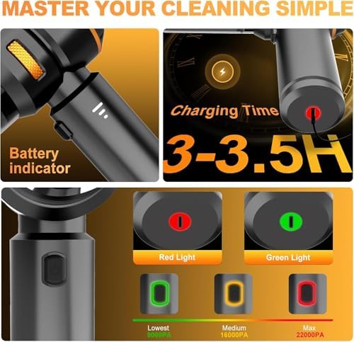 Handheld Car Vacuum Cordless, 22000PA Strong Suction Mini Vacuum Cleaner with Brushless Motor, 4-in-1 Portable Vacuum for Car Detailing, Home, Office & Travel, Black Golden - Image 3