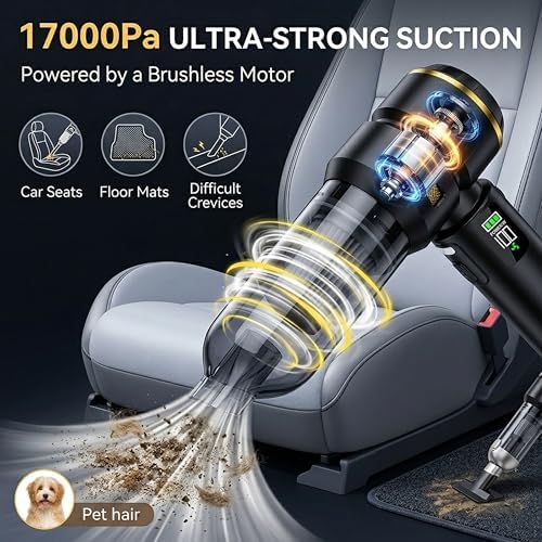 Handheld Car Vacuum Cleaner, 17000Pa High Power Cordless Vacuum Cleaner, 4-in-1 Portable Mini Air Duster, with LED Light and Multi-Nozzles, Vacuum for Car, Home, Office, Pet Hair - Image 2