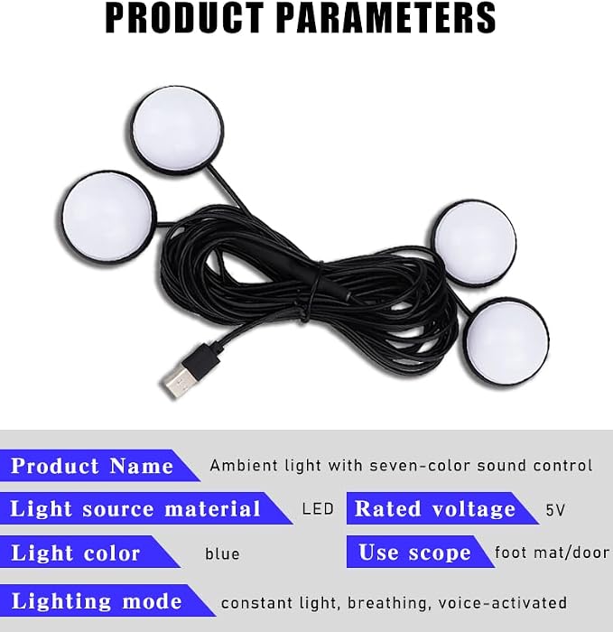 4 in 1 Car Interior LED Ambient Light Kit, Blue | 5 Volt USB power, adhesive install, front and rear cables, fits most cars, SUVs, and trucks, car interior accessories - Image 5