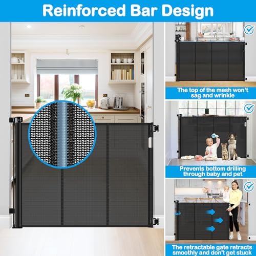 Reinforced 42 Inch Extra Tall Retractable Dog Gate with Reinforced Strips 55 Inch Wide Retractable Baby Gates for Doorways Anti-Scratch Extra Tall Dog Gate Outdoor Pet Gates for Dogs Indoor, Black - Image 4